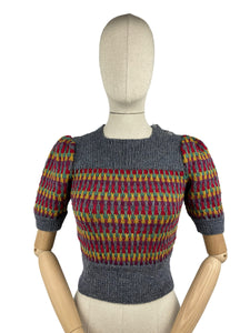 Reproduction 1940’s Hand Knitted Striped Jumper in Grey, Mustard, Purple, Green and Red - Bust 32 34 36