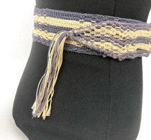 Load image into Gallery viewer, Original 1930s Blue and Cream Crochet Cotton Belt with Yellow Plastic Buckle
