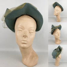 Load image into Gallery viewer, Original 1930’s 1940’s Blue Grey Bogie De Bow Felt Hat with Bow and Net Trim with Matching Hat Pins
