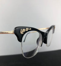 Load image into Gallery viewer, Original 1950s 1960s Black and Gold Glasses with Floral Detail on the Frame
