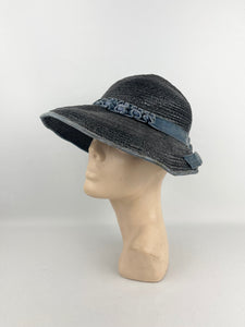 Utterly Charming 1920s 1930s Black Straw Hat with Blue Velvet Trim