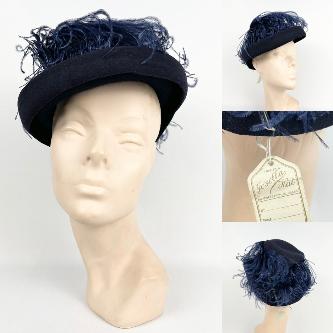 Original 1940's Blue Felt Hat with Ostrich Feather Trim by Josella - Brand New With Tag *