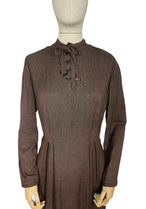 Original 1930's Dark Brown Floppy Long Sleeved Day Dress with Button Neck and Bow - Bust 38