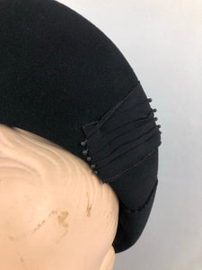 Exceptional 1940s Inky Black Felt Hat with Black Chiffon Scarf