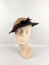 Load image into Gallery viewer, Original 1930&#39;s Two Tone Straw Hat with Brown Satin Ribbon Trim *
