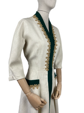 Load image into Gallery viewer, Original 1950s Natural Linen Dress with Kelly Green Trim and Soutache - Bust 36
