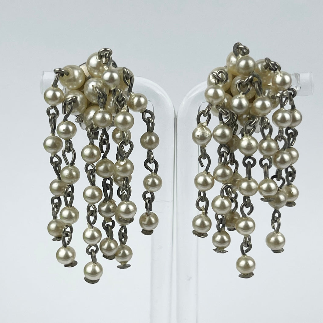 Vintage Faux Pearl Chandelier Clip-on Earrings on Silver-tone Clips