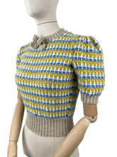 Load image into Gallery viewer, Reproduction 1940&#39;s Waffle Stripe Jumper in Parchment, Cascade, White and Mustard Knitted from a Wartime Pattern - Bust 36 38 40
