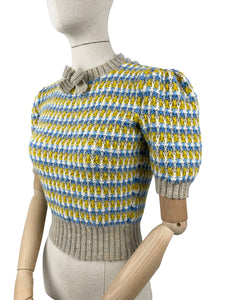 Reproduction 1940's Waffle Stripe Jumper in Parchment, Cascade, White and Mustard Knitted from a Wartime Pattern - Bust 36 38 40