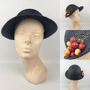 Original 1930s Black Straw Cloche Hat with Charming Cherry Trim