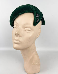 Original 1950's Rich Green Cotton Velvet Hat with Leaf Detail and Sequin Trim