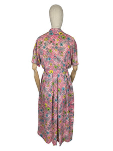 Original 1950's Pink Cotton Dress with Floral Print in Blue, Yellow, Grey and Green - Bust 38 40 *