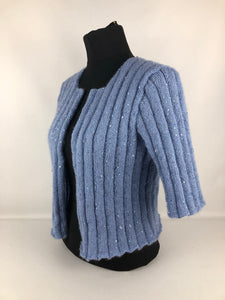 1940s Reproduction Hand Knitted Bolero in Fluffy Blue Sequin Yarn - B38 40 42 44