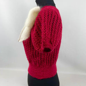 1930's Reproduction Hand Knitted Lace Jumper in Holly Berry Red Alpaca and Ecru Mohair - Bust 34 36