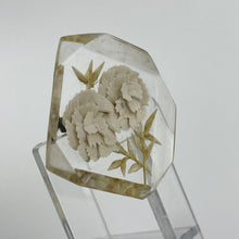 Load image into Gallery viewer, Original 1940s 1950s Diamond Shaped Reverse Carved Lucite Brooch with White Carnations
