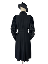 Load image into Gallery viewer, RESERVED FOR SAM Incredible Original 1930s Black Belted Wool Coat with Faux Fur Sleeves - Bust 34 35 36
