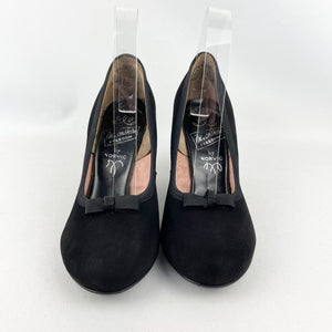 Original 1940's 1950's Black Suede Bow Fronted Court Shoes - UK 5