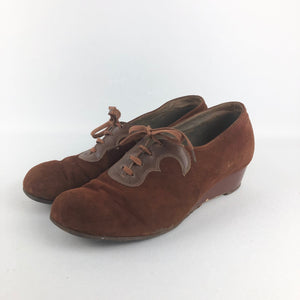 Original 1940's Chestnut Brown Suede Lace Up Wedges - Beautiful Vintage Shoes - UK Size 3 3.5