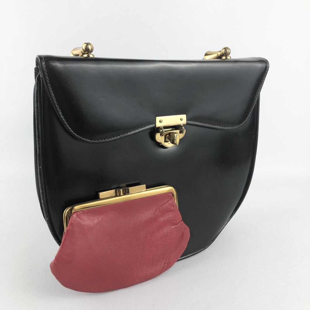 1950s Black Vinyl Handbag With Matching Red Coin Purse