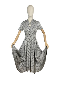 Original 1950's Silver and Black Cocktail Dress by For You By Blaines with Glass Buttons and Pockets - Bust 35