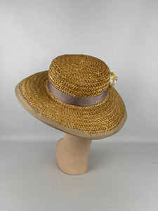 Original 1930's Wide Brimmed Natural Straw Hat with Cluster of Fabric Flowers