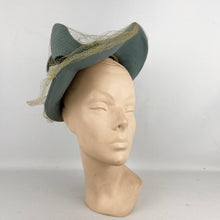 Load image into Gallery viewer, Original 1930’s 1940’s Blue Grey Bogie De Bow Felt Hat with Bow and Net Trim with Matching Hat Pins
