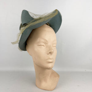 Original 1930’s 1940’s Blue Grey Bogie De Bow Felt Hat with Bow and Net Trim with Matching Hat Pins