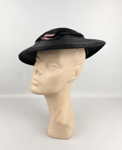 Original Late 1930's or Early 1940's Black Lacquered Straw Hat with Pink Grosgrain Trim