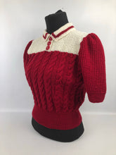 Load image into Gallery viewer, 1940s Reproduction Colour Block Cable Knit Jumper in Ruby and Cream - Bust 40 42 44 46 - Volup Knitwear
