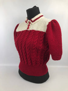 1940s Reproduction Colour Block Cable Knit Jumper in Ruby and Cream - Bust 40 42 44 46 - Volup Knitwear