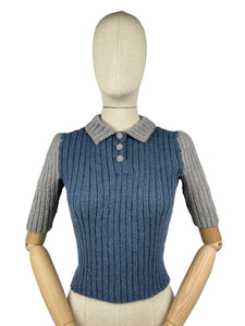 Reproduction 1940’s Hand Knitted Two-Tone Rib Jumper in Grey and Blue with a Neat Collar - Bust 34 36 38 40 42
