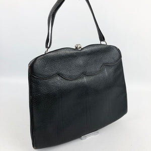 1930s Midnight Blue Leather Handbag with Scalloped Detail