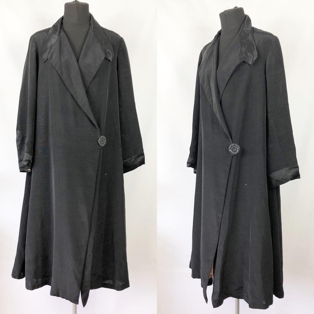 Wounded but Wearable 1920s 1930s Black Coat with Statement Button and Satin Trim - Bust
