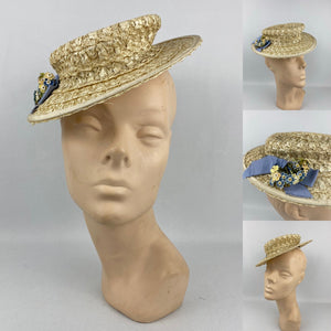 1940's Cream Lacquered Frances Adams Raffia Hat with Pale Blue Floral Trim *