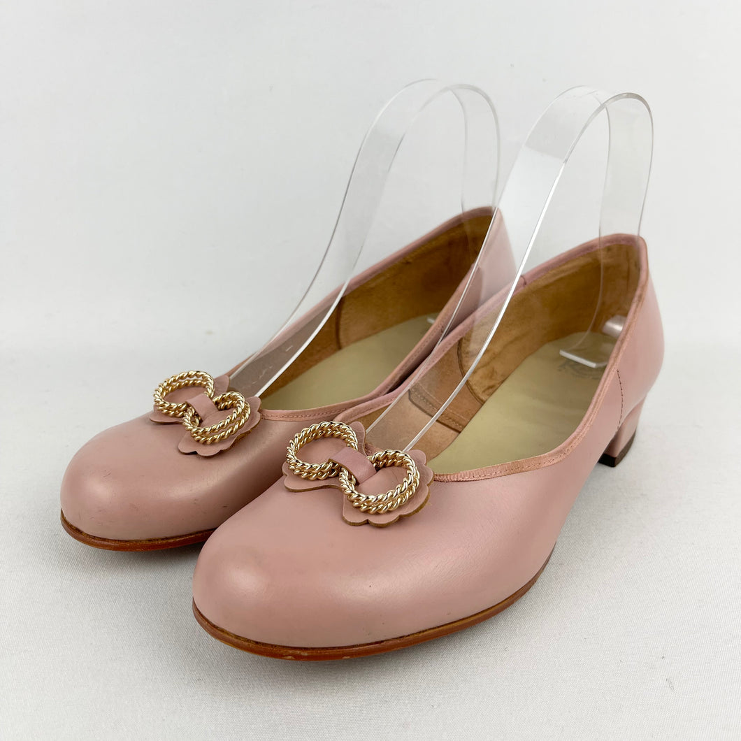 Original 1950's Baby Pink Leather Shoes with Gold Tone Trim - UK 4 4.5 *